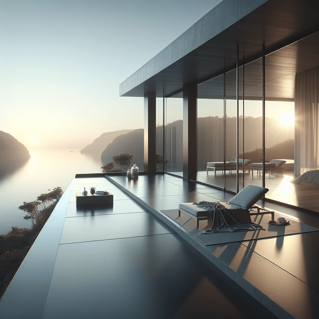 Modern luxury rehab suite with lounge terrace overlooking a tranquil lakeside sunrise.