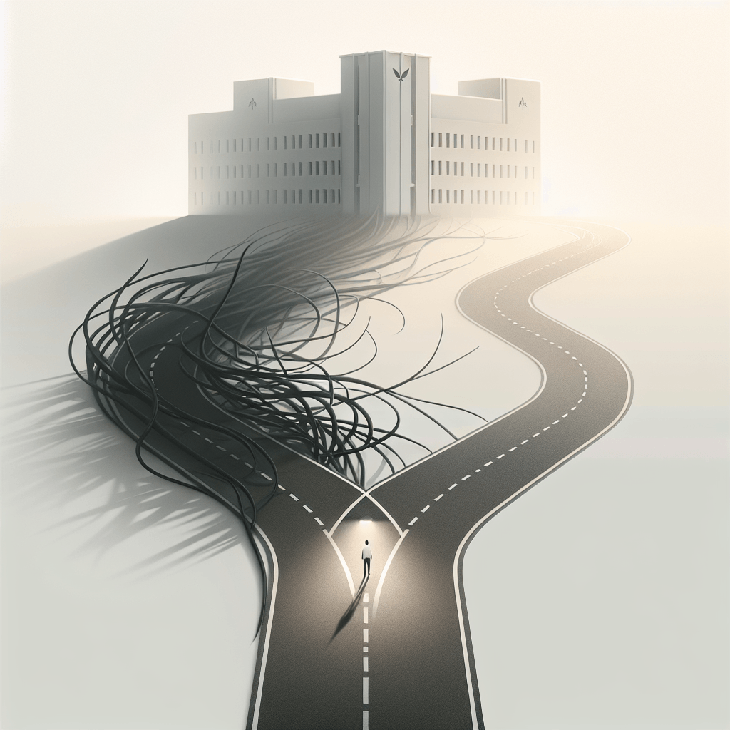 Person choosing between two roads leading to a rehab-like building, one path clear and one dark and tangled.