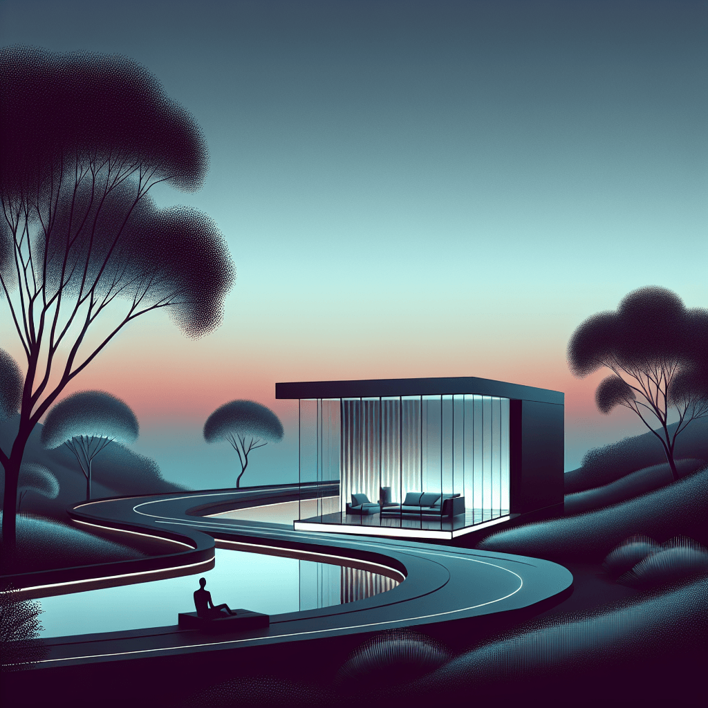 Futuristic glass house by a winding pool at dusk in a secluded landscape