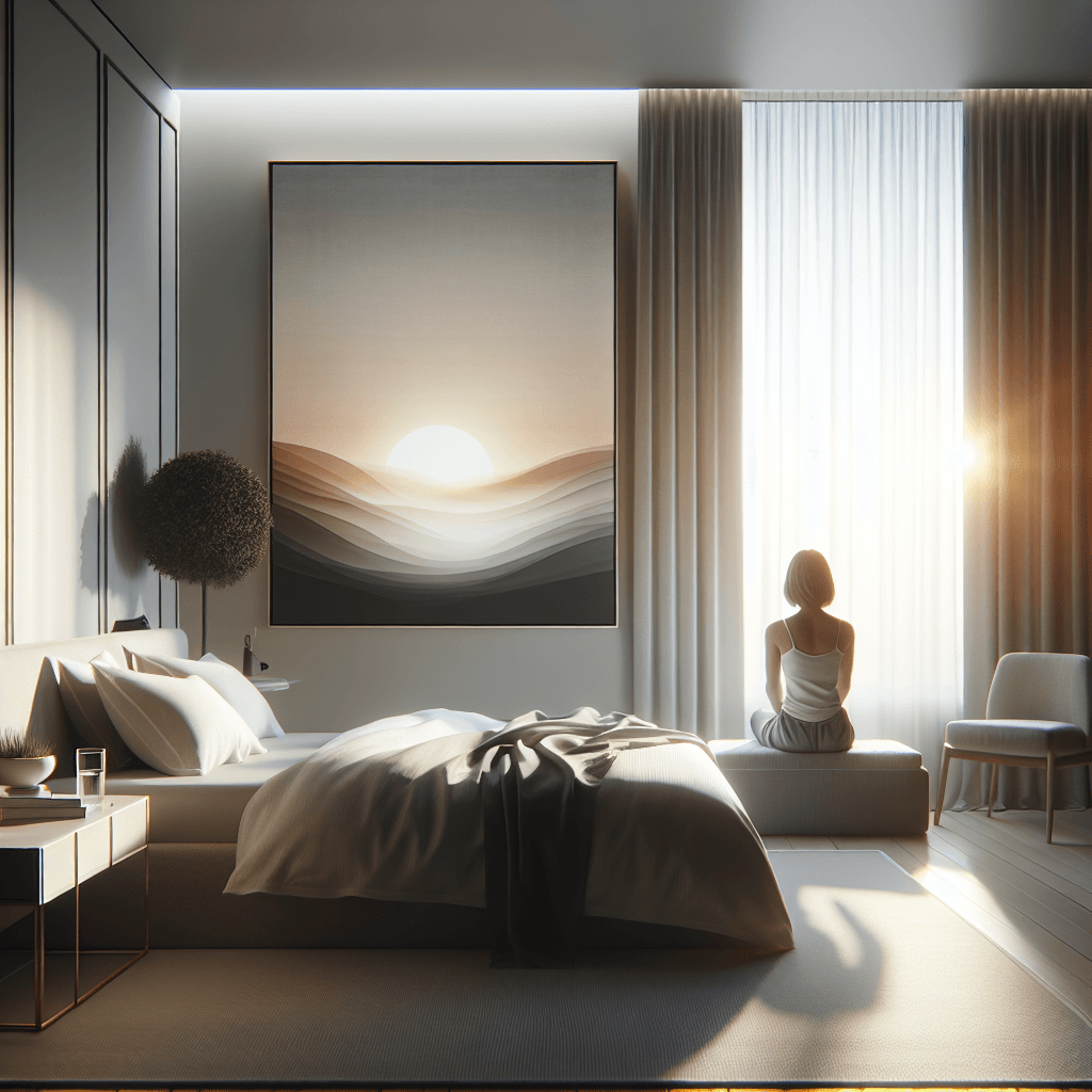 Woman sitting by a sunlit bedroom window in a calm, minimalist PTSD rehab setting.