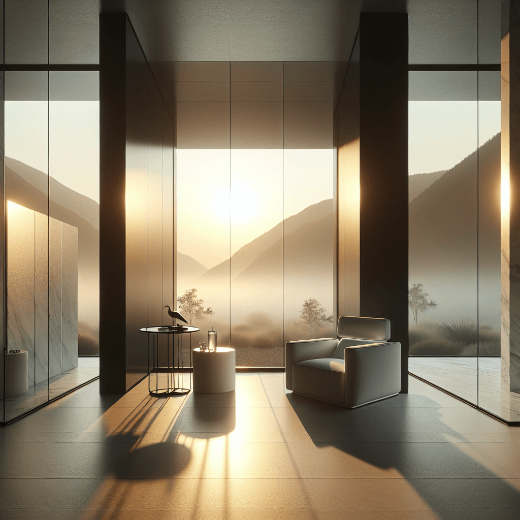 Sunlit luxury clinic lounge with armchair and mountain view through floor‑to‑ceiling glass.